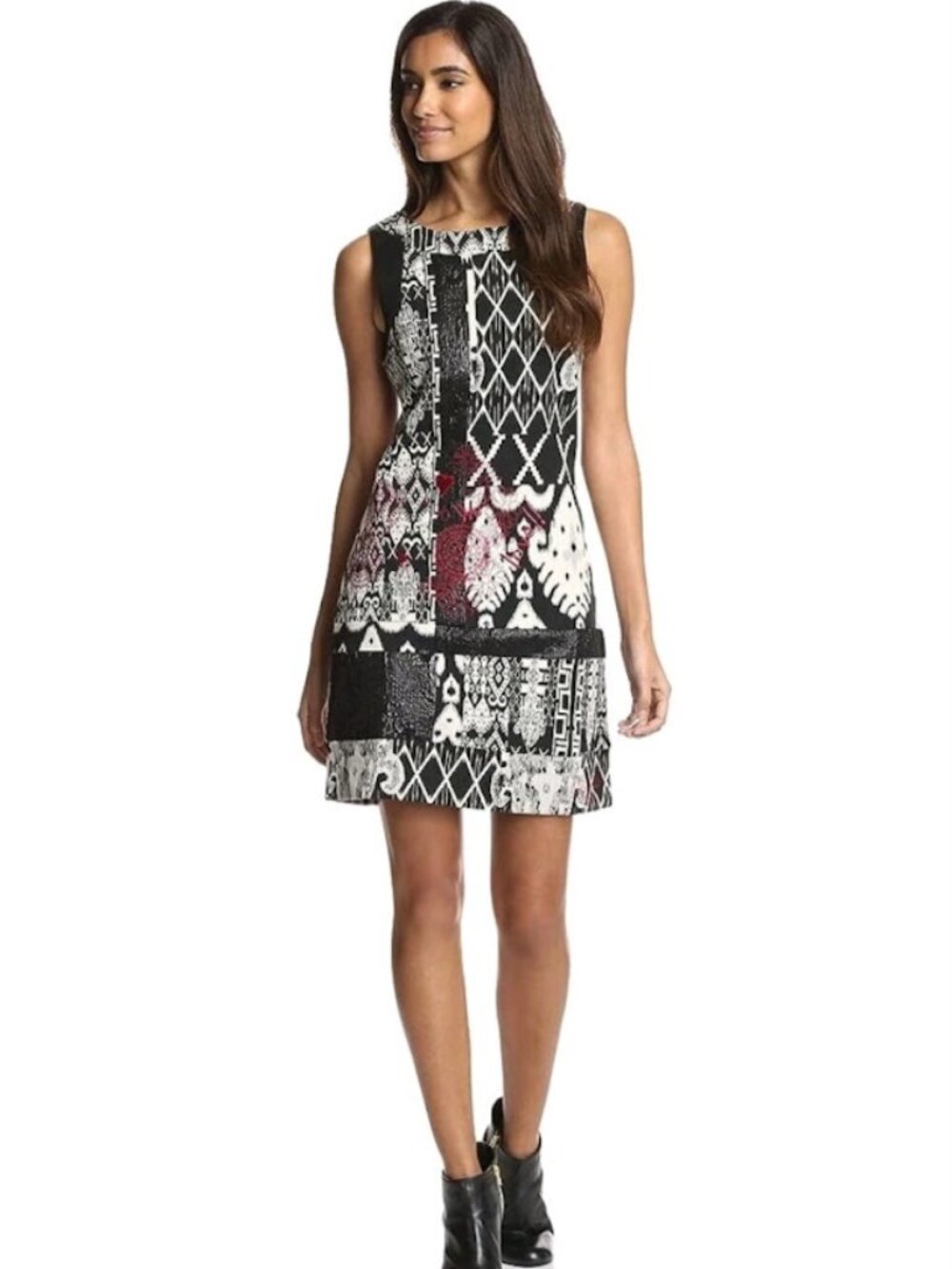 Desigual Sleeveless Shift Dress Black White Tribal Geometric Red Heart Graphic S